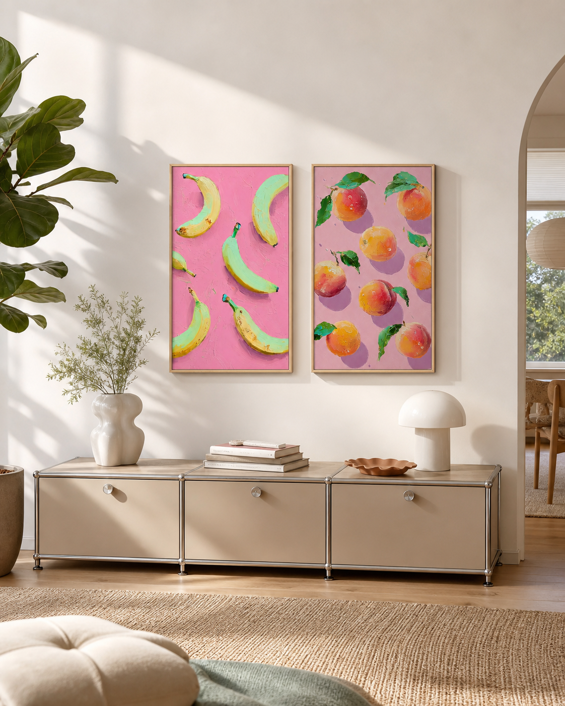 Living room with a beige sideboard, decorative plants, and colorful fruit-themed wall art.