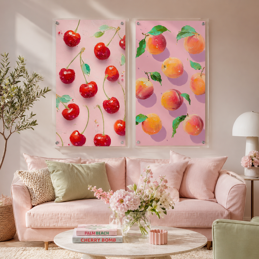 Cherry & Peach Pop Duo – 2-Piece 3D UV Textured Wall Art Set