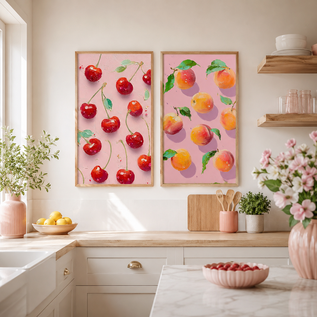 Cherry & Peach Pop Duo – 2-Piece 3D UV Textured Wall Art Set