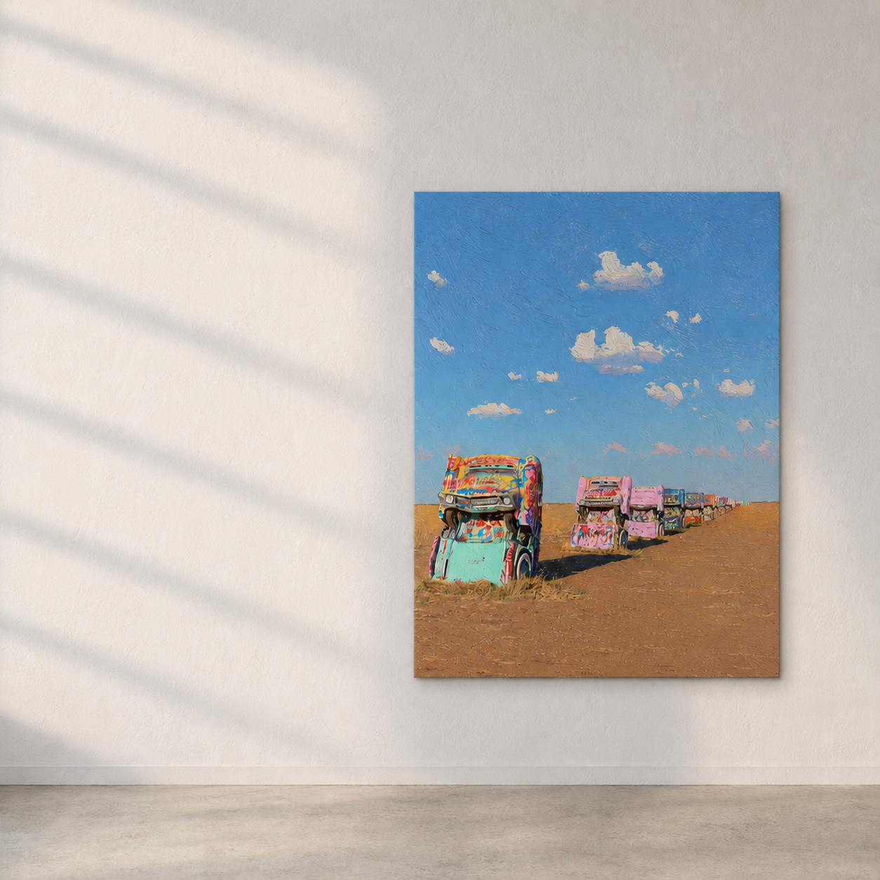 Cadillac Ranch 3D UV textured wall art print on white wall