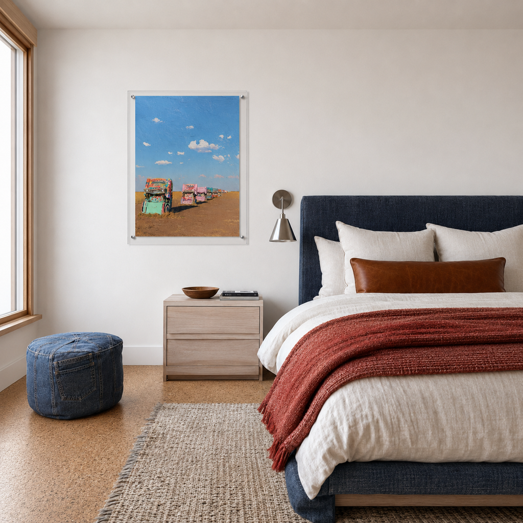 Cadillac Ranch vertical wall art print in room setting