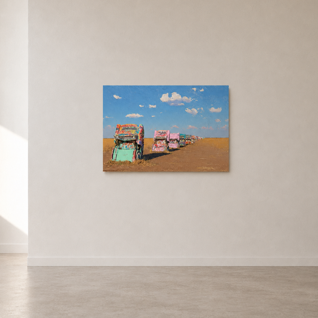 Cadillac Ranch horizontal 3D UV textured wall art print on white wall