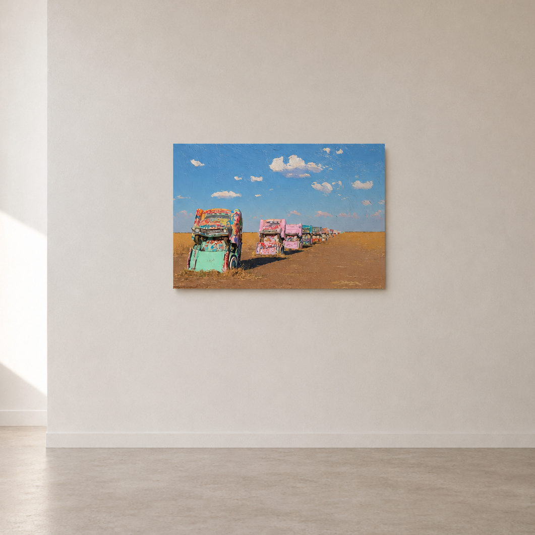 Cadillac Ranch horizontal 3D UV textured wall art print on white wall