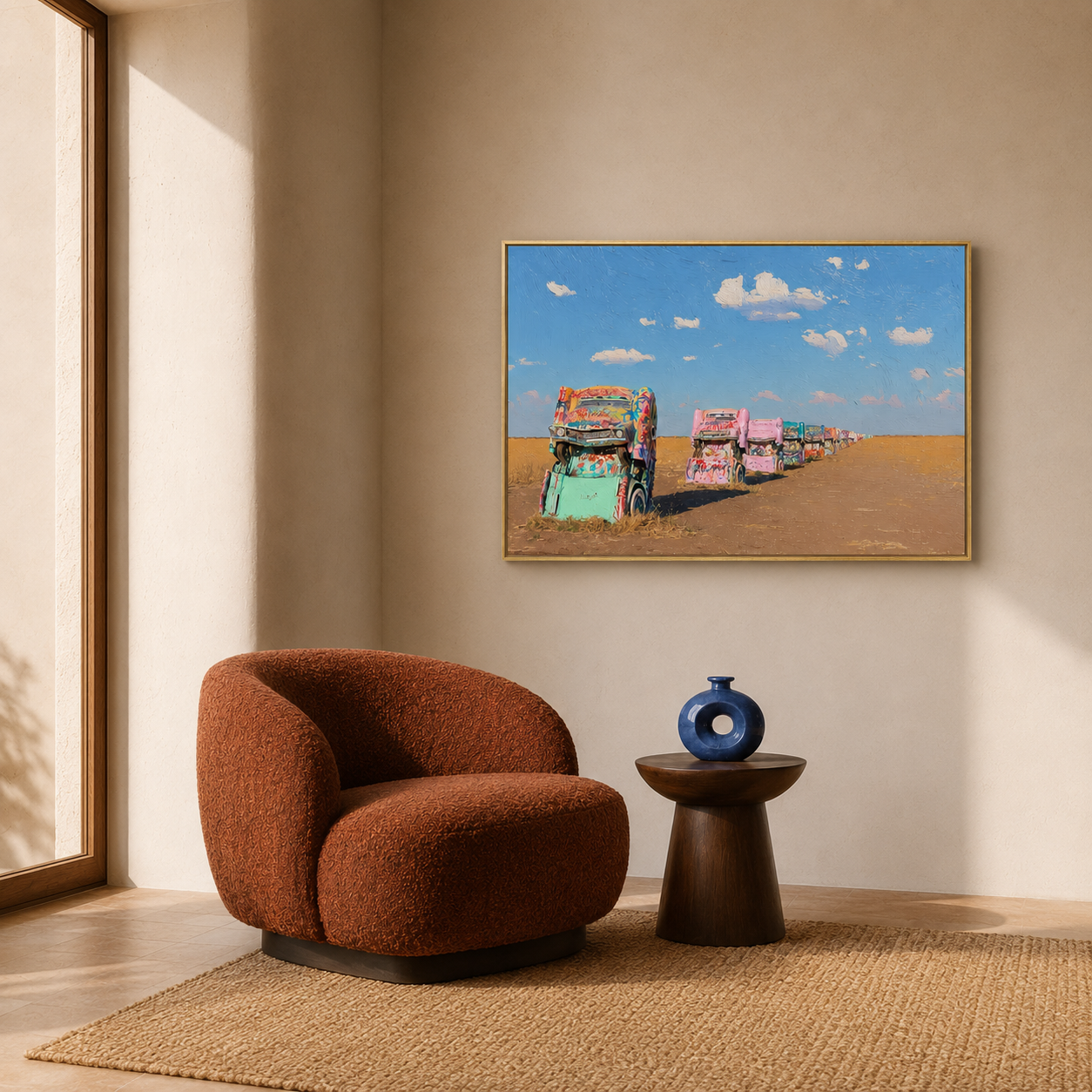Cadillac Ranch horizontal wall art print in living room