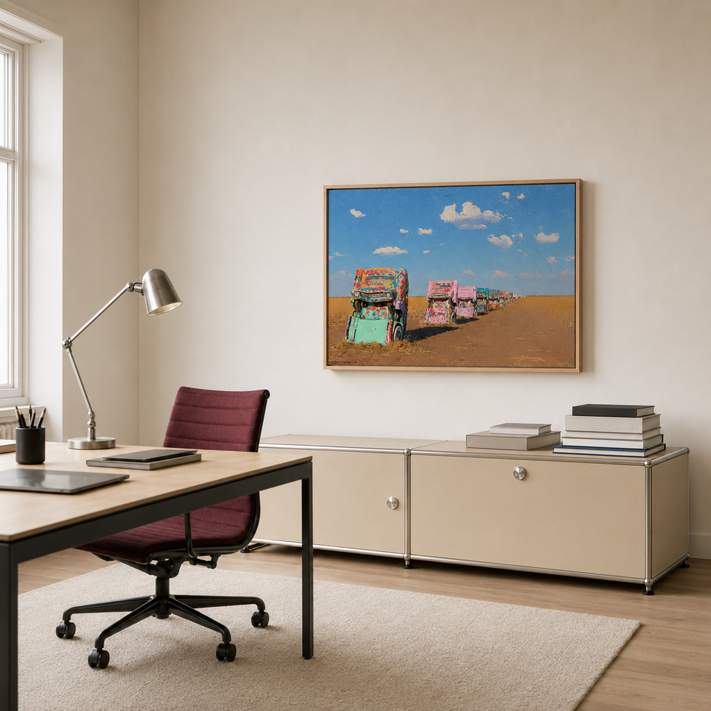 Cadillac Ranch horizontal wall art print in bedroom
