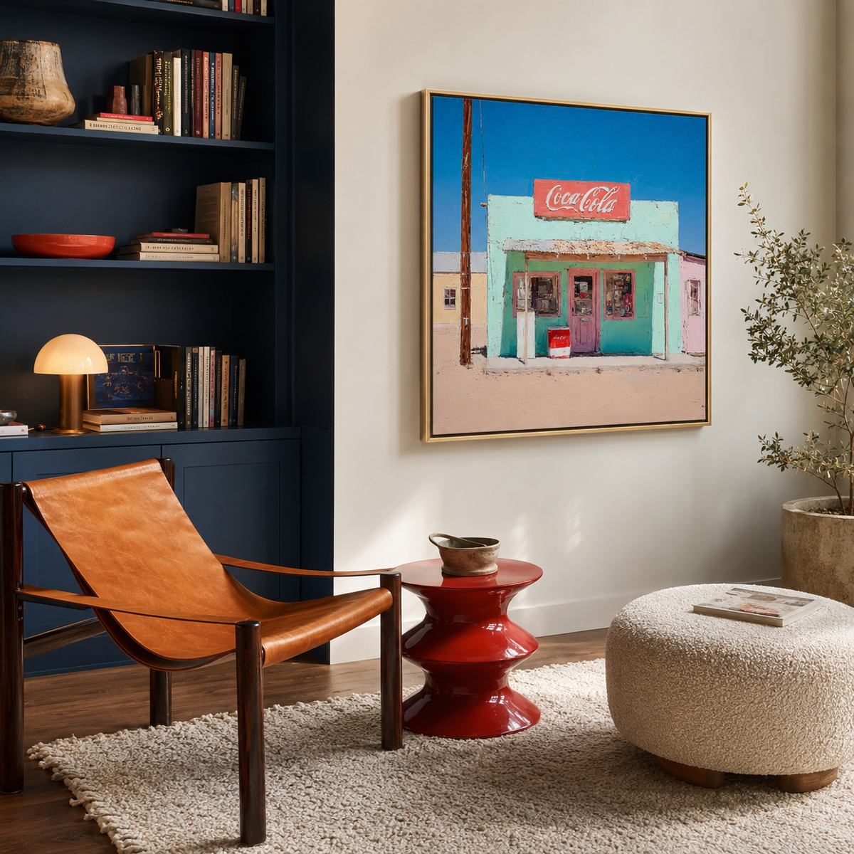 Vintage storefront wall art print in living room