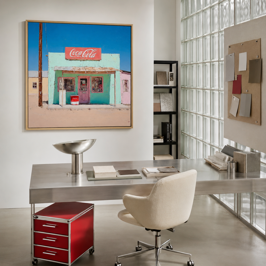 Vintage storefront wall art print in kitchen