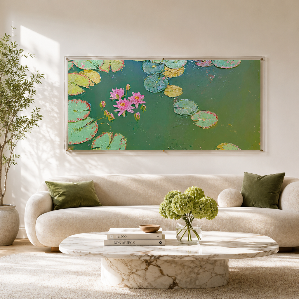 Pink Lotus Lake — Panoramic 2:1 — 3D UV Textured Wall Art Print