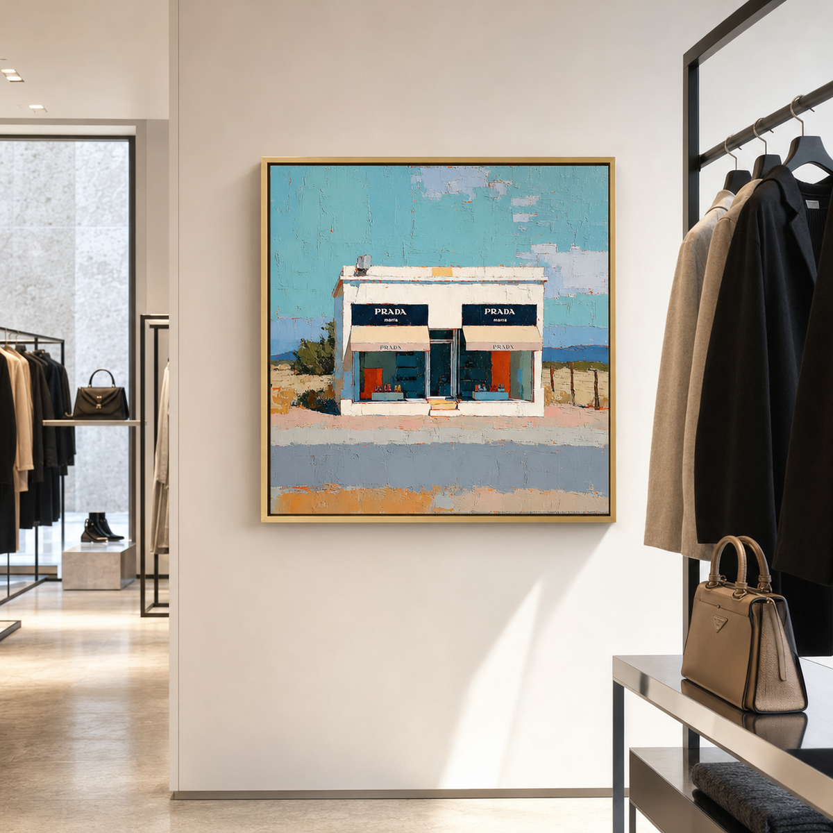 Prada Marfa wall art print in living room