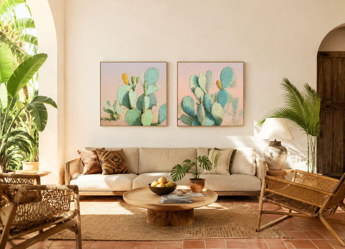 Pastel Prickly Pear Cactus — 3-pieces 3D UV Textured Wall Art Set
