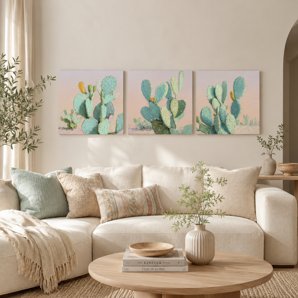 Pastel Prickly Pear Cactus — 3-pieces 3D UV Textured Wall Art Set