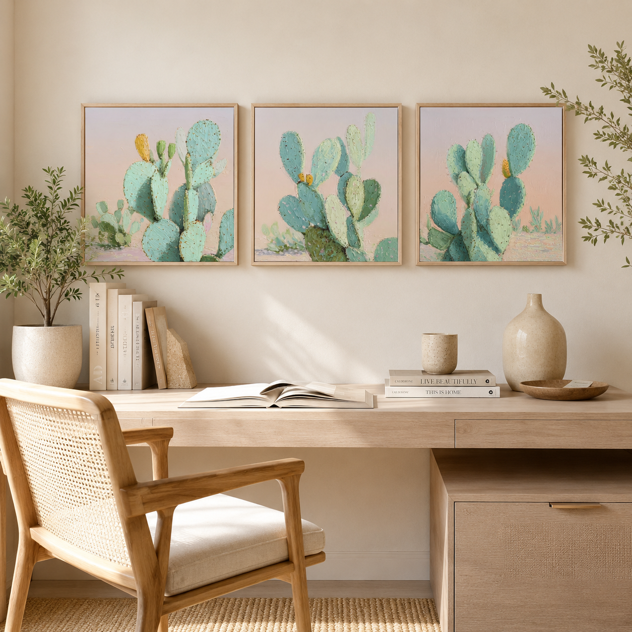 Pastel Prickly Pear Cactus — 3-pieces 3D UV Textured Wall Art Set