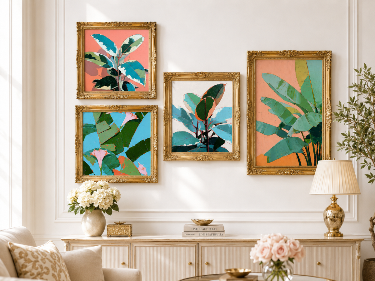 Tropical Leaves Gallery Set — 4-Piece 3D UV Textured Botanical Wall Art Bundle