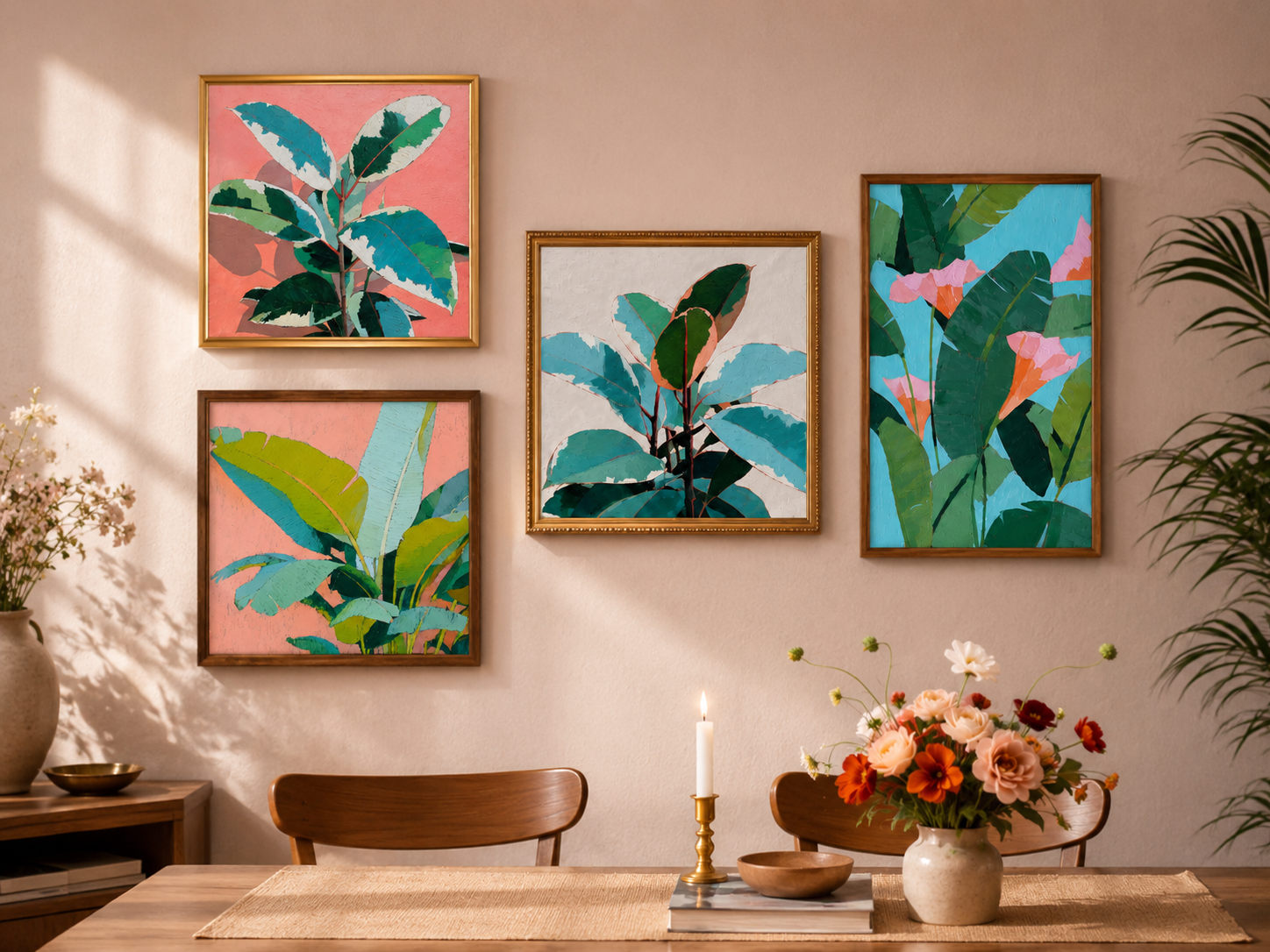 Tropical Leaves Gallery Set — 4-Piece 3D UV Textured Botanical Wall Art Bundle
