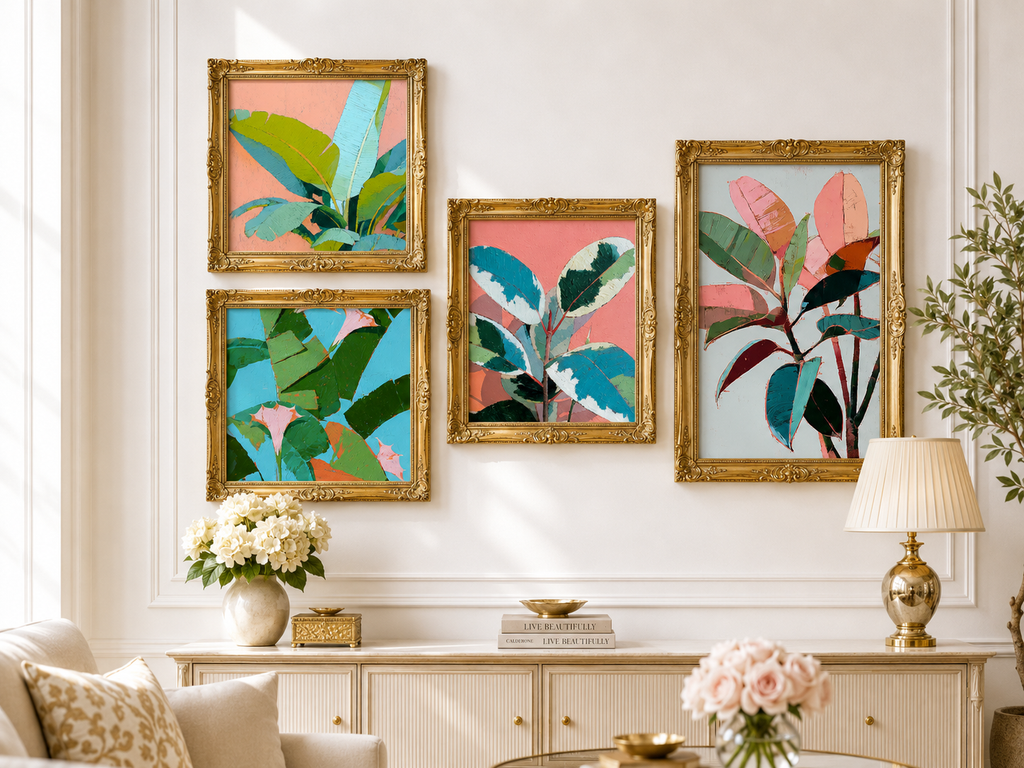 Tropical Leaves Gallery Set — 4-Piece 3D UV Textured Botanical Wall Art Bundle