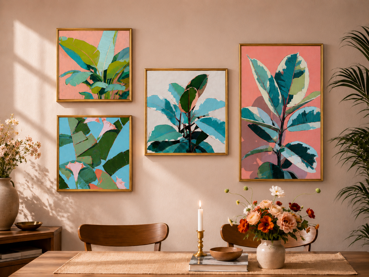 Tropical Leaves Gallery Set — 4-Piece 3D UV Textured Botanical Wall Art Bundle