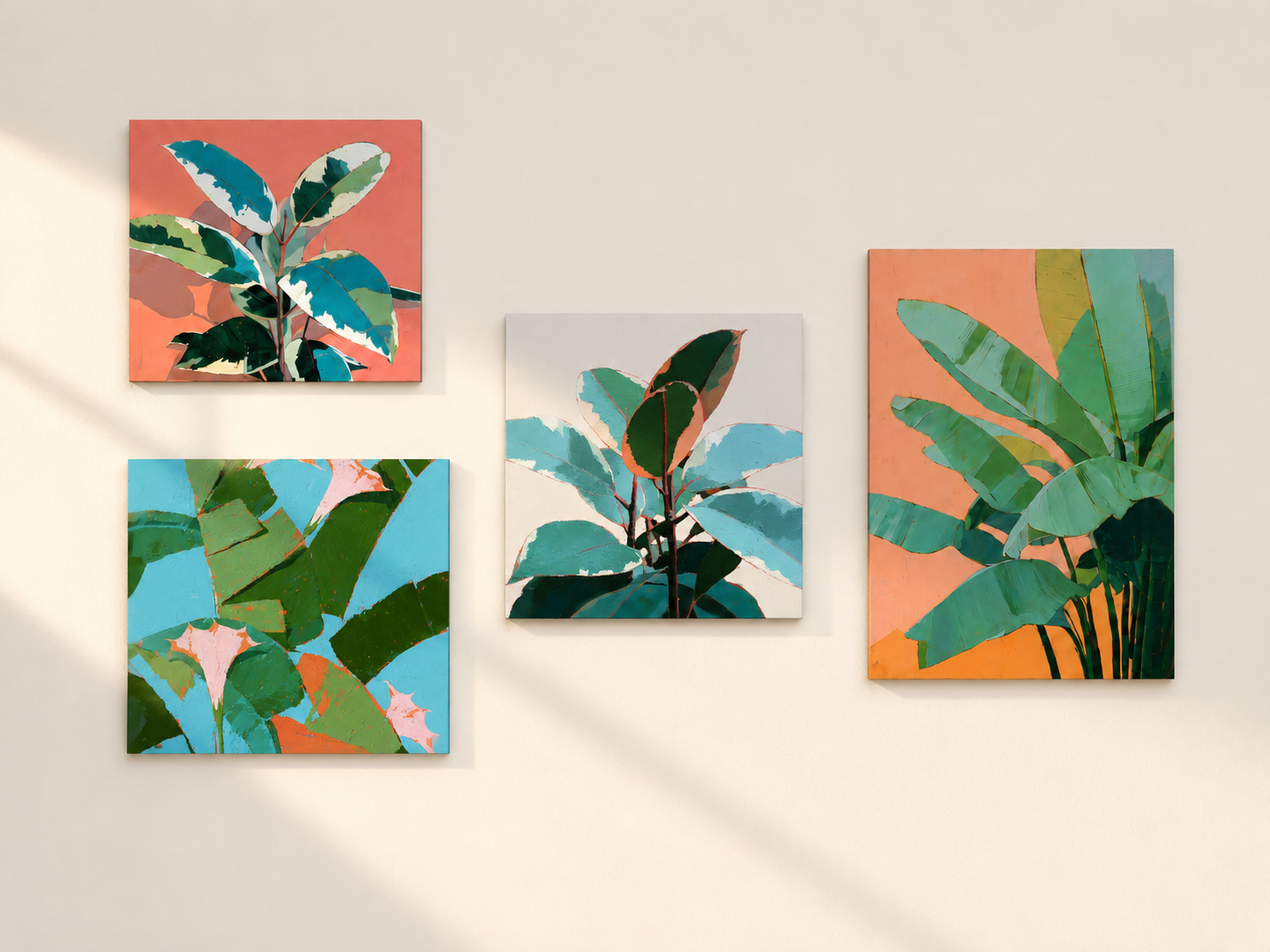 Tropical Leaves Gallery Set — 4-Piece 3D UV Textured Botanical Wall Art Bundle