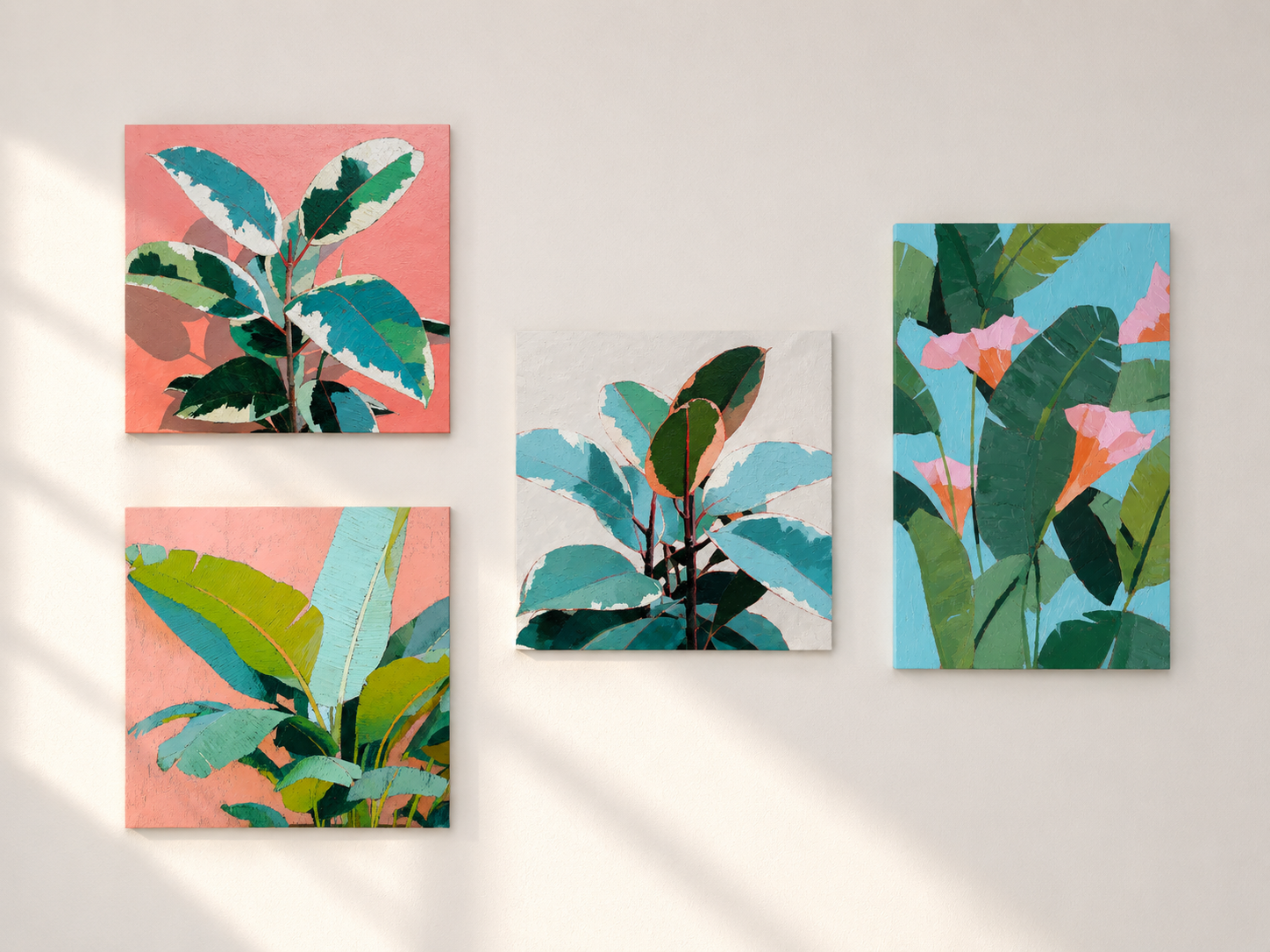 Tropical Leaves Gallery Set — 4-Piece 3D UV Textured Botanical Wall Art Bundle