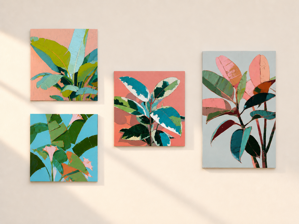 Tropical Leaves Gallery Set — 4-Piece 3D UV Textured Botanical Wall Art Bundle