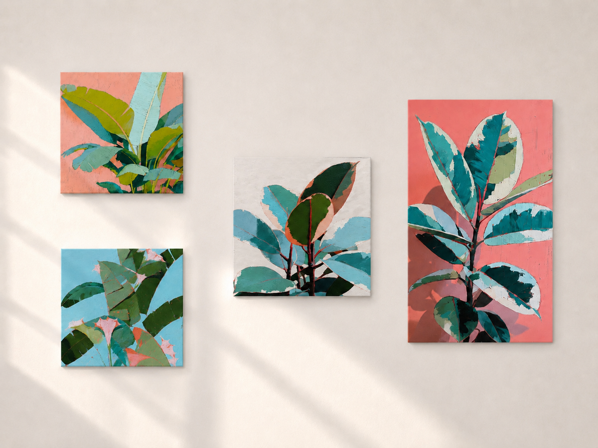 Tropical Leaves Gallery Set — 4-Piece 3D UV Textured Botanical Wall Art Bundle